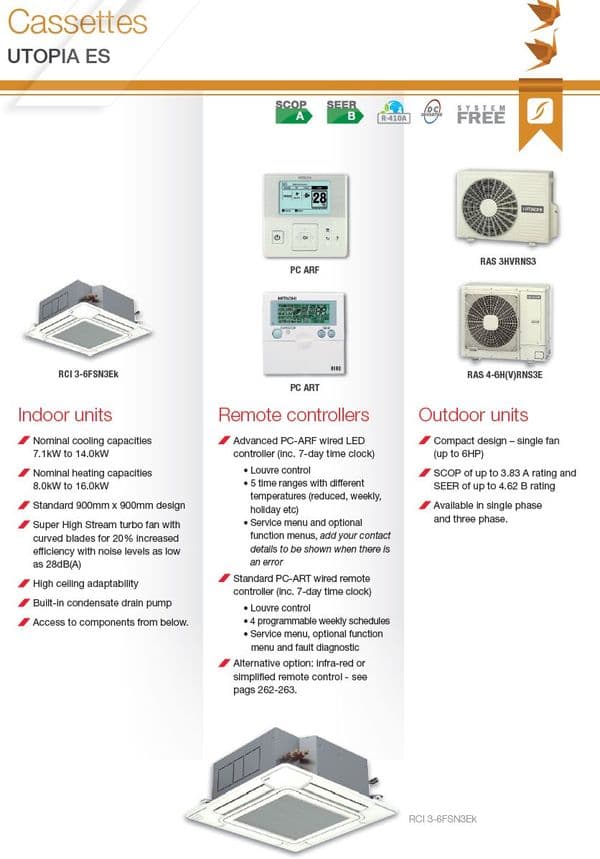 Hitachi Air Conditioning Utopia Premium Cassette RCI-4.0FSN3Ek Inverter Heat Pump 10.0Kw/33000Btu A++ 240V/415V~50Hz